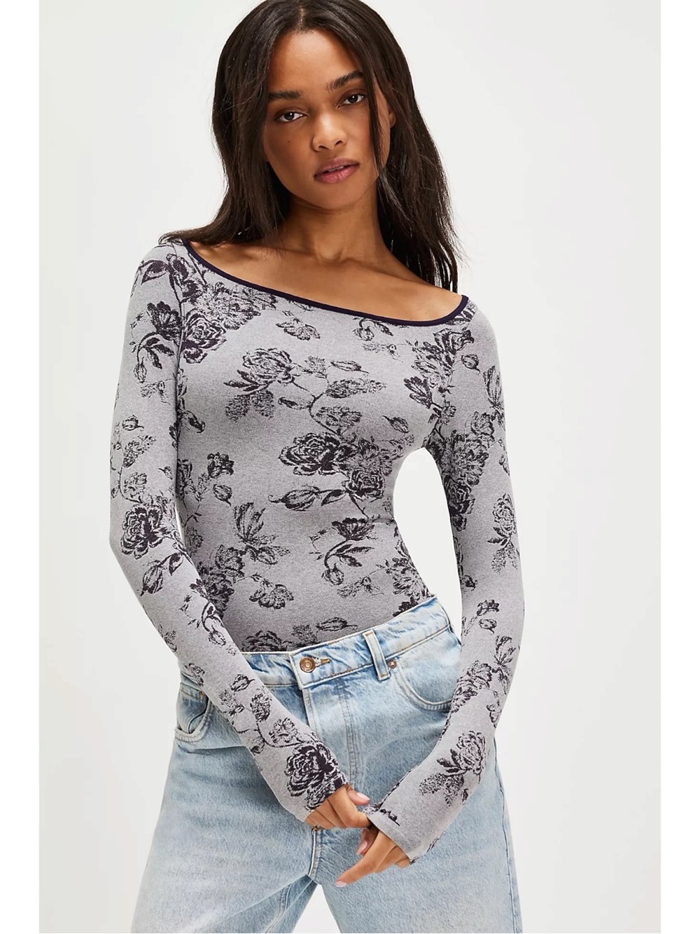 Free People 90s Y2K Rosey Layering Seamless Long Sleeve Nightshade Medium Large
